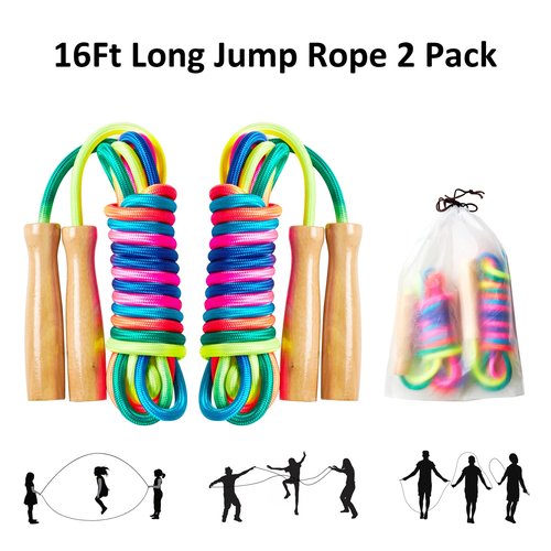 Fanhostco Double Dutch Long Jump rope - 16Ft 2 Pack Skipping Rope for Kids Adults, Rainbow Jumping Rope for Multiplayer with Wooden Handle