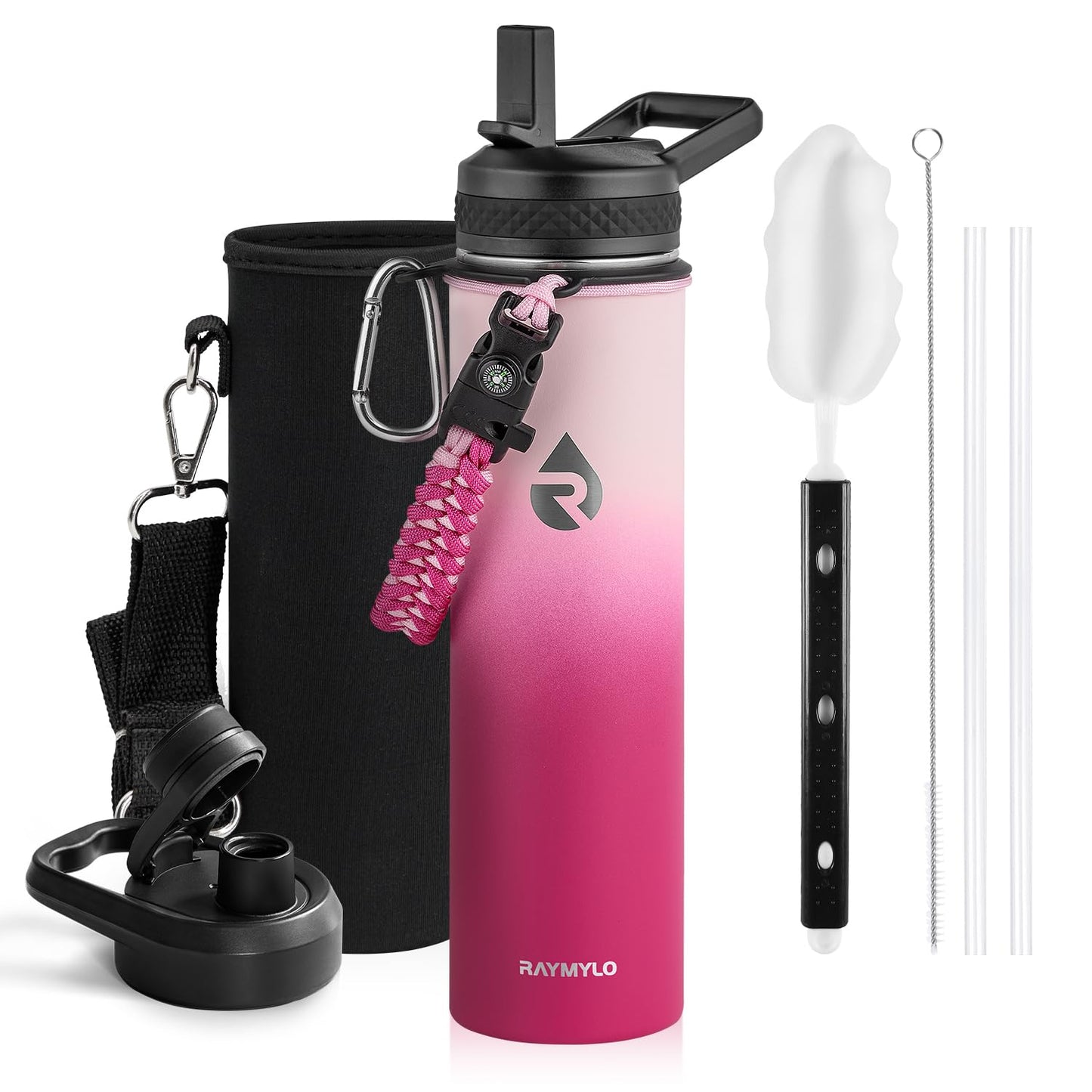 RAYMYLO Insulated Water Bottle 24 oz, Triple Wall Vacuum Stainless Steel (Cold for 24Hrs, Hot for 12Hrs), Leak Proof & Non-BPA, Modern Water Flask Jug with Paracord Handle & Straw Spout Lids