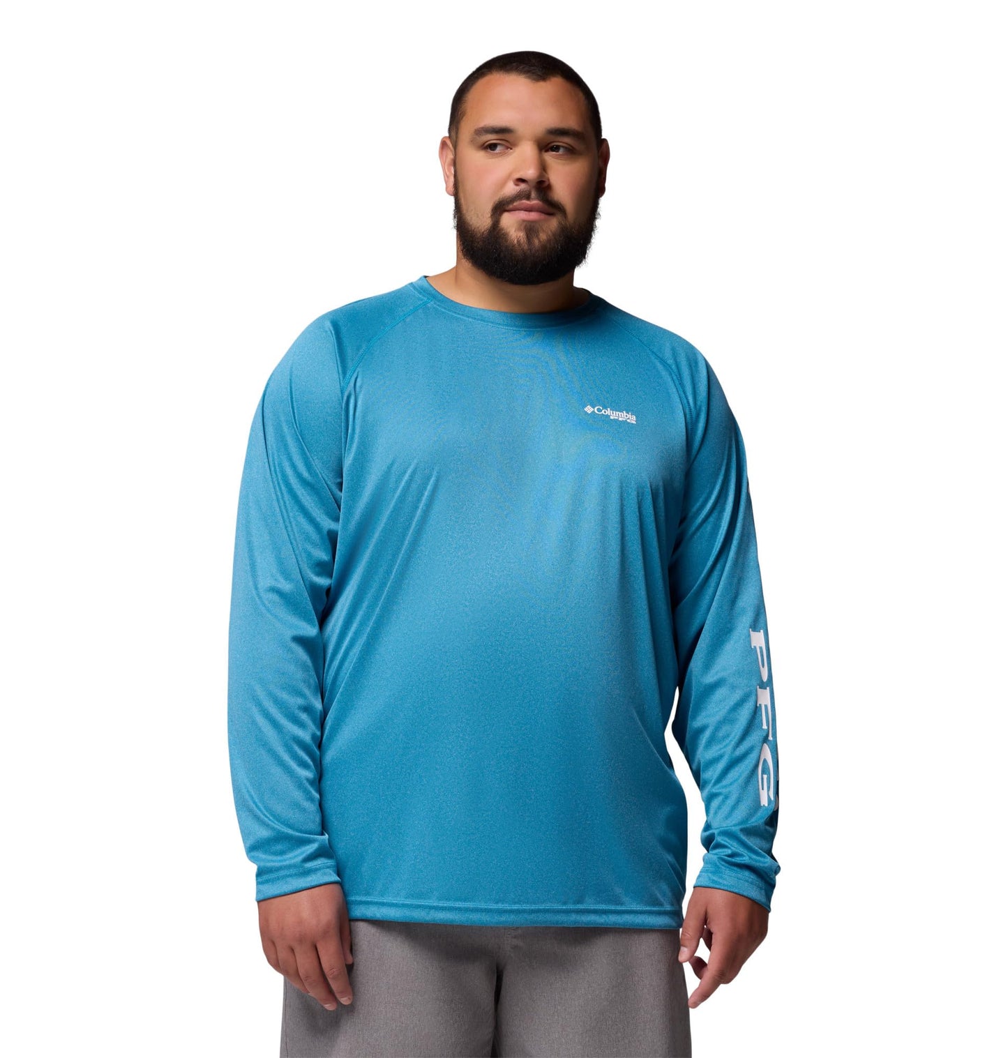 Columbia Men's PFG Terminal Tackle Long Sleeve Fishing Shirt, Blue Echo Heather/White Logo, 1X