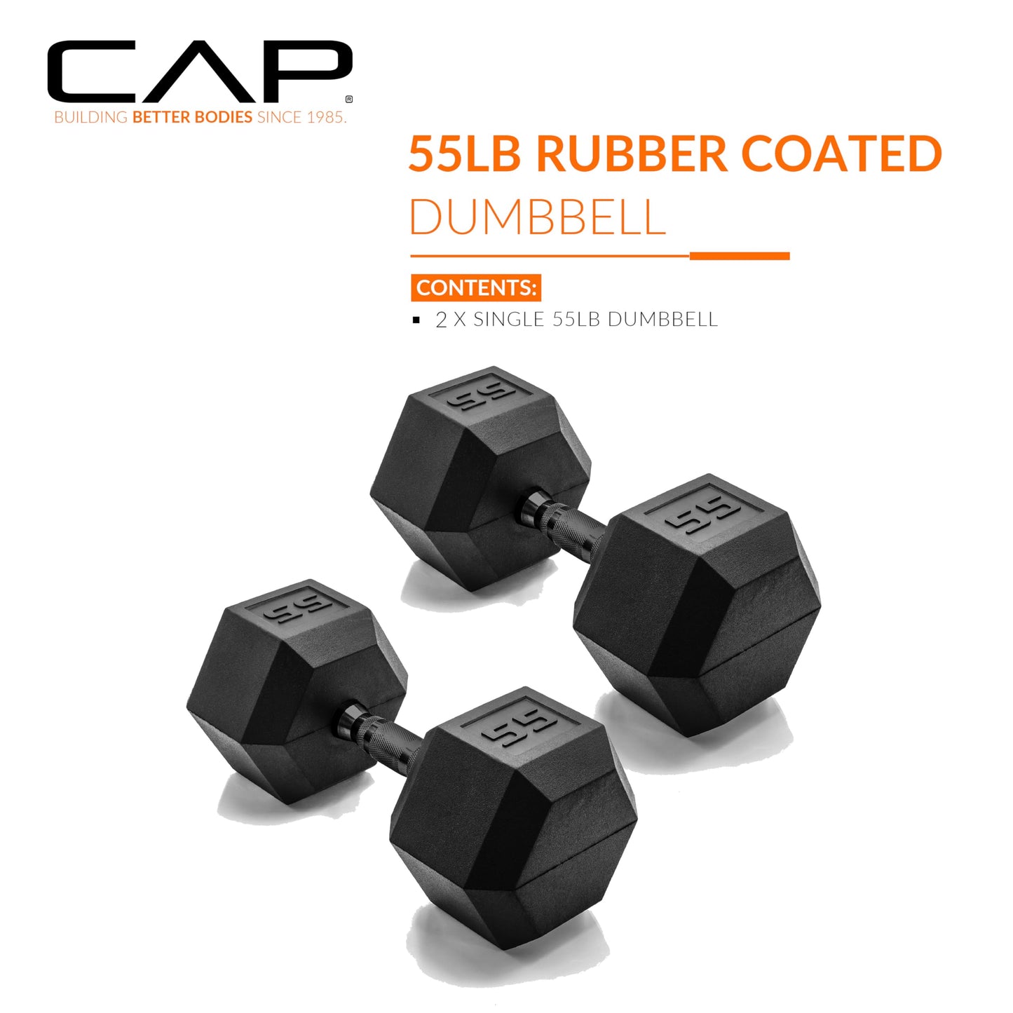 CAP 55 LB Rubber Coated Hex Dumbbell Weight, Rubber Free Weights for Home Gym Strength Training, Black Oxide Handle, Pair