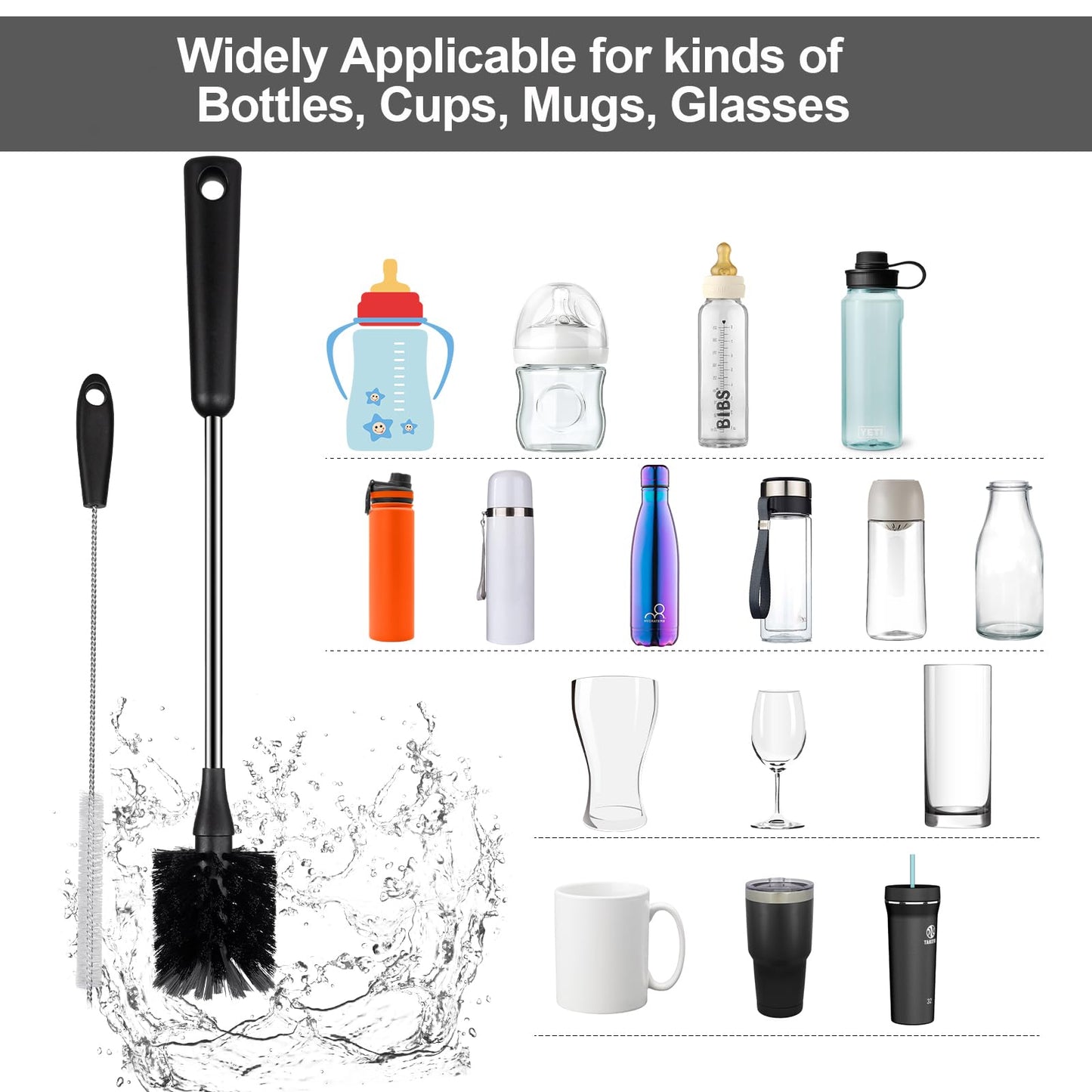 4 Pack Water Bottle Brushes with Straw Cleaner, Stainless Steel Handle Baby Bottle Brush Cleaner, Kitchen Scrub Cleaning Brushes for Cup, Wine Glasses, Coffee Mugs, Tumblers, Wine Decanters, Black