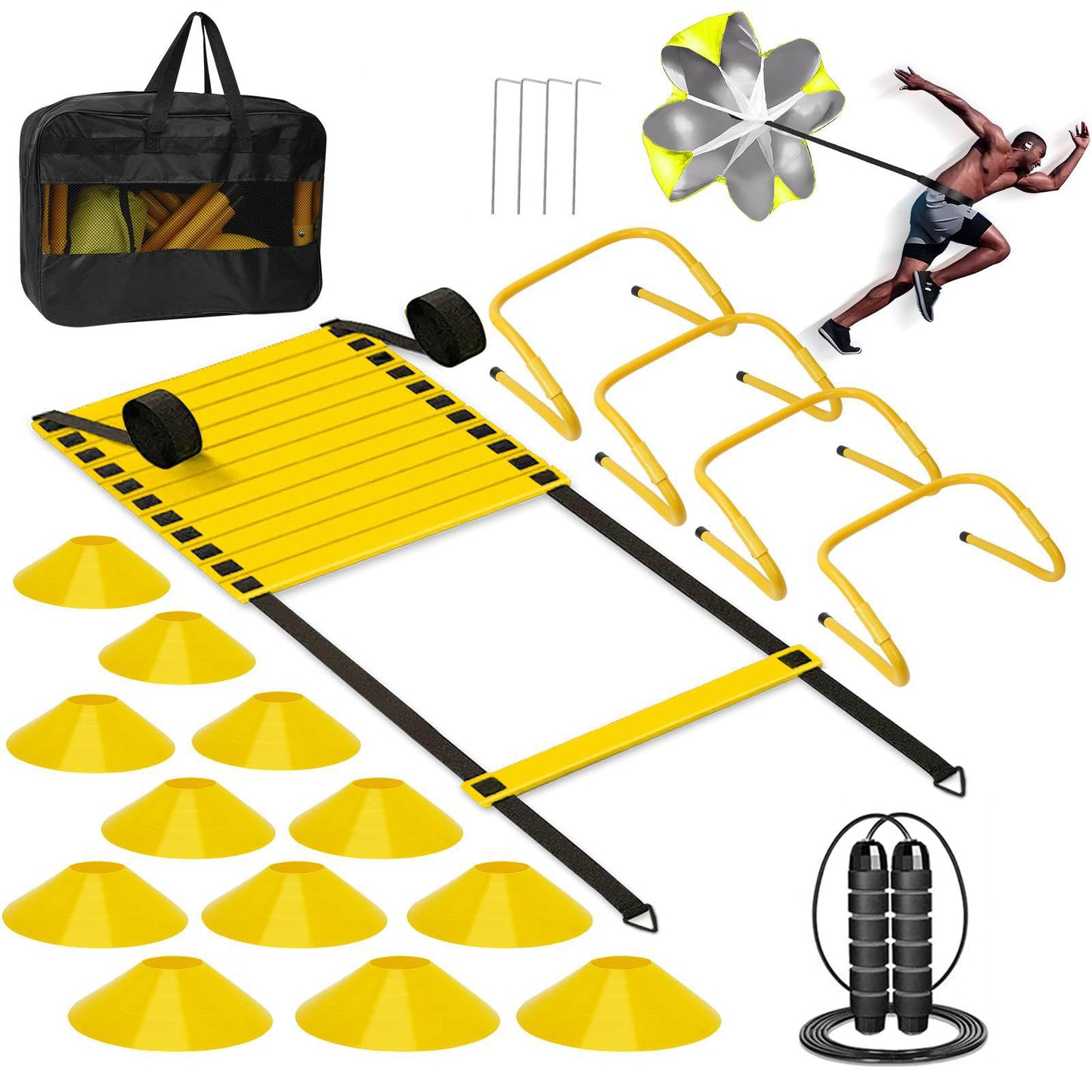 YGORTECH Agility Ladder, Soccer Training Equipment Set, 4 Agility Hurdles, 20ft Speed Ladder, Running Parachute, 12 Football Cones, Jump Rope | Soccer Basketball Athletes Speed Training Yellow