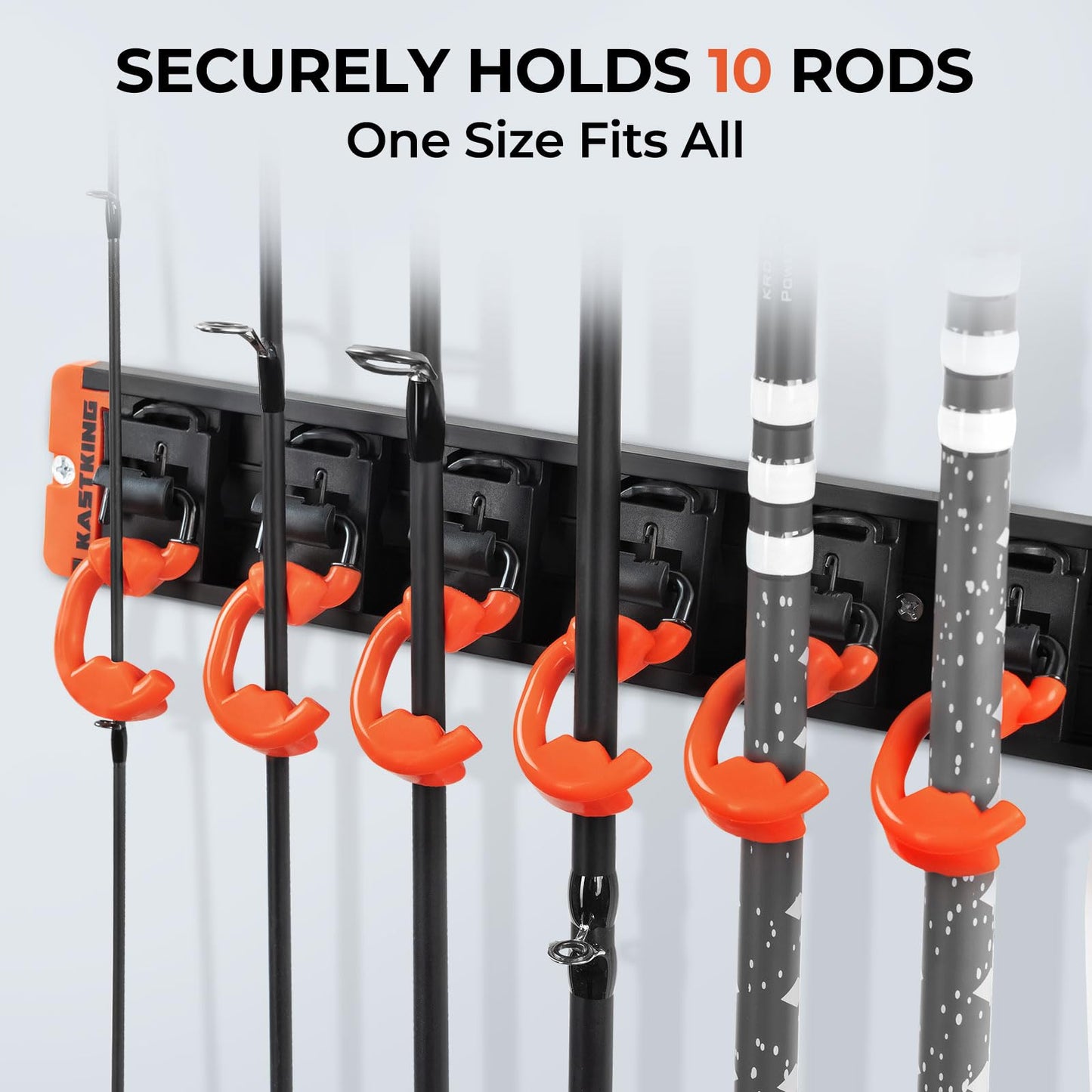 KastKing V10 Pivot Grip Fishing Rod Holder–Adjustable, Space-Saving Wall-Mounted Rod Holder, 10 Polymer-Coated Steel Hooks, Expandable Storage System, Holds 10 Rod & Reel Combos, 1 Pack
