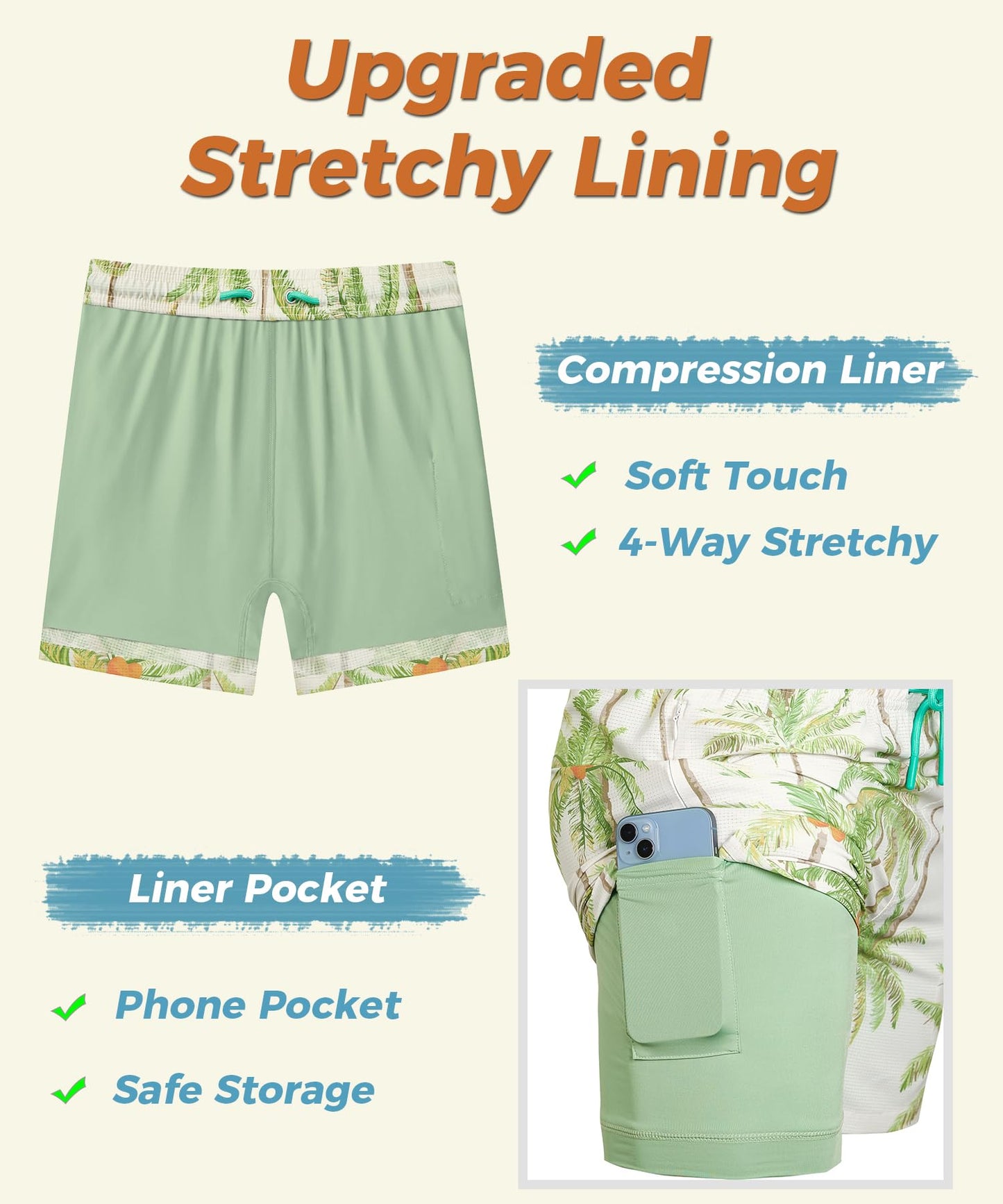 ELETOP Men's Swim Trunks with Compression Liner Bathing Suit Beach Board Shorts with Zipper Pockets Green Tree Beige L