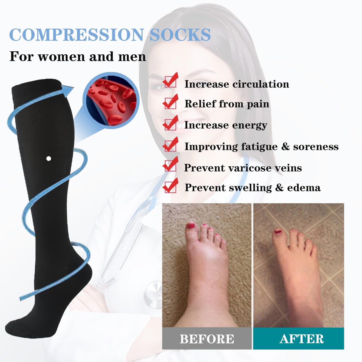 6 Pairs Compression Socks for Women and Men Circulation, 20-30 mmhg Support for Athletic Running, Hiking, Nurse, Recovery