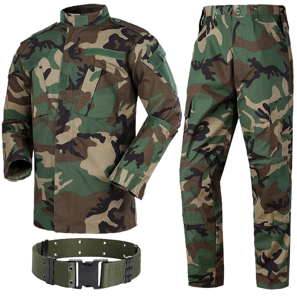 Men Tactical BDU Combat Uniform Jacket Shirt & Pants Suit for Army Military Airsoft Paintball Hunting Shooting War Game Woodland