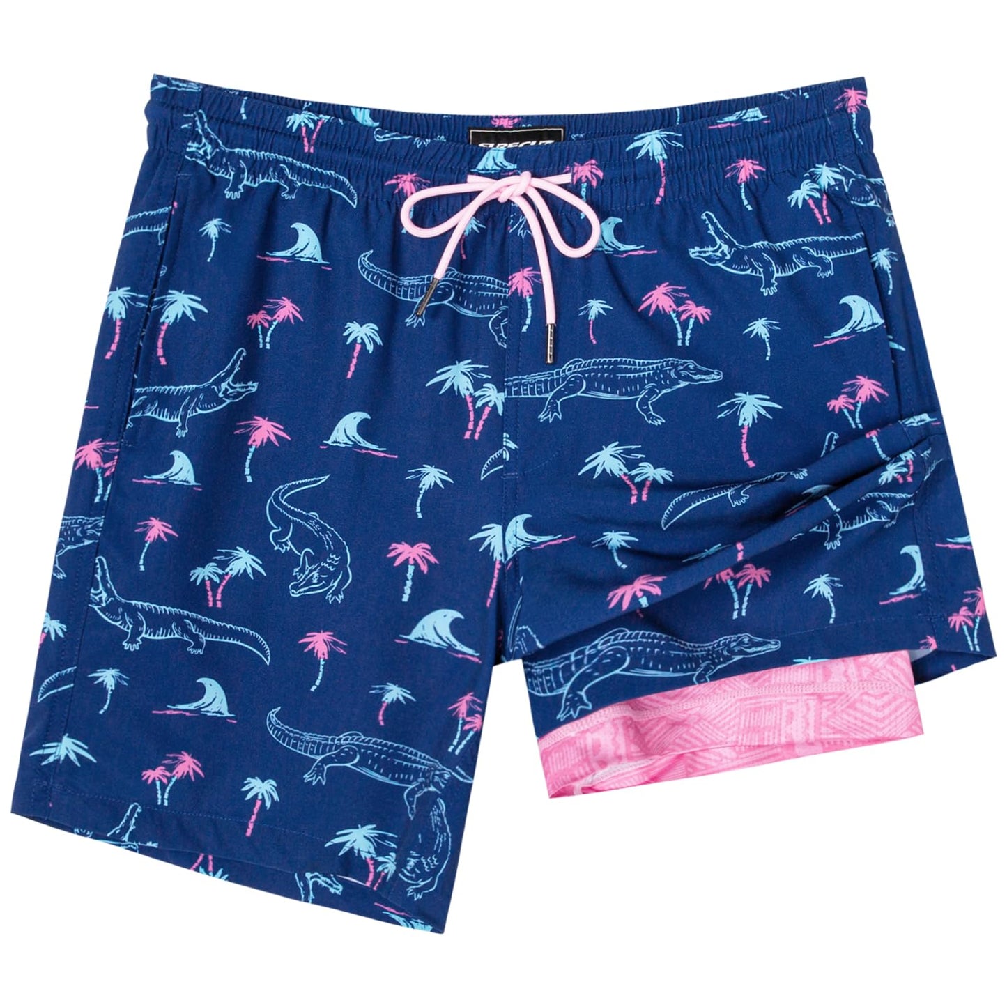 SURF CUZ Mens Swim Trunks with Compression Liner Quick Dry Swim Shorts 7" Swimming Trunks Stretch Zipper Pockets,Neon Crocodile,XXL