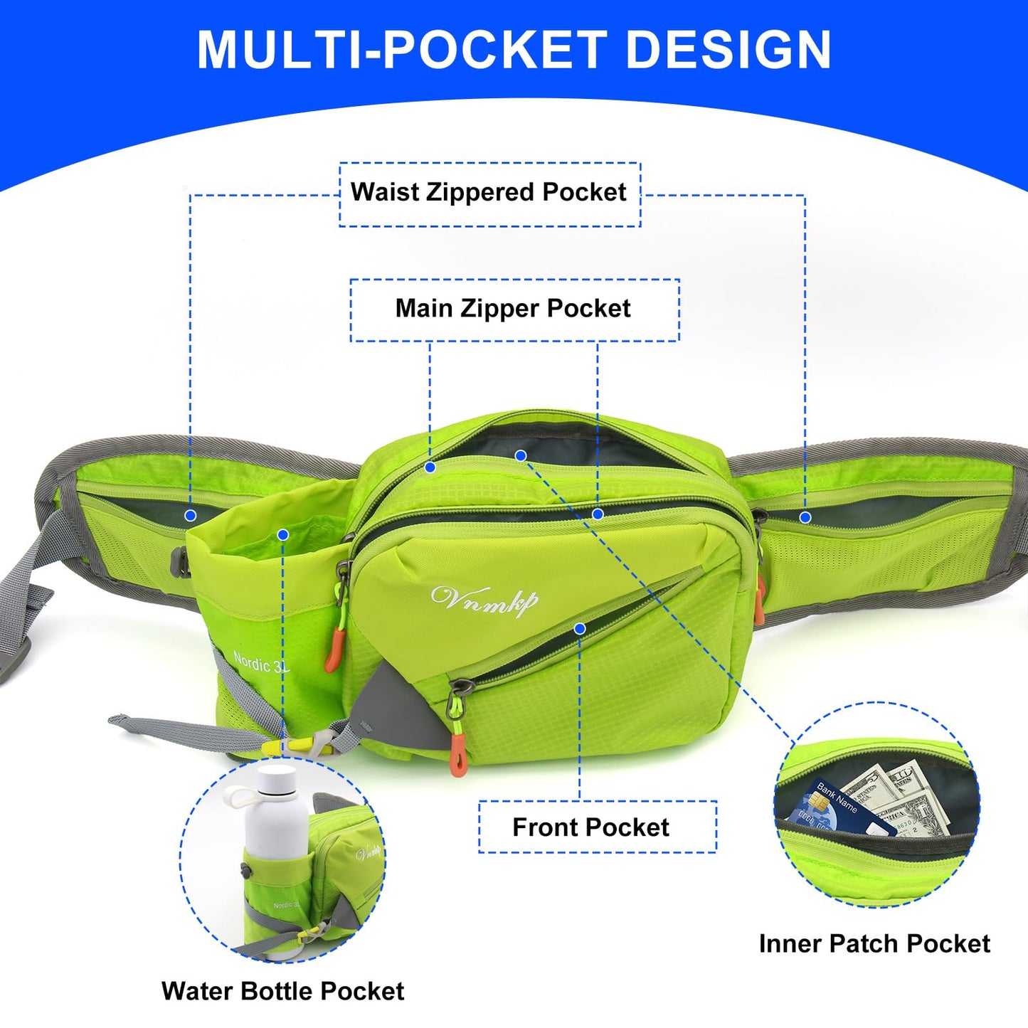 Waist Pack with Water Bottle Holder for Men and Women for Running Climbing Hiking Fitness Cycling and Other Outdoor Sports Green