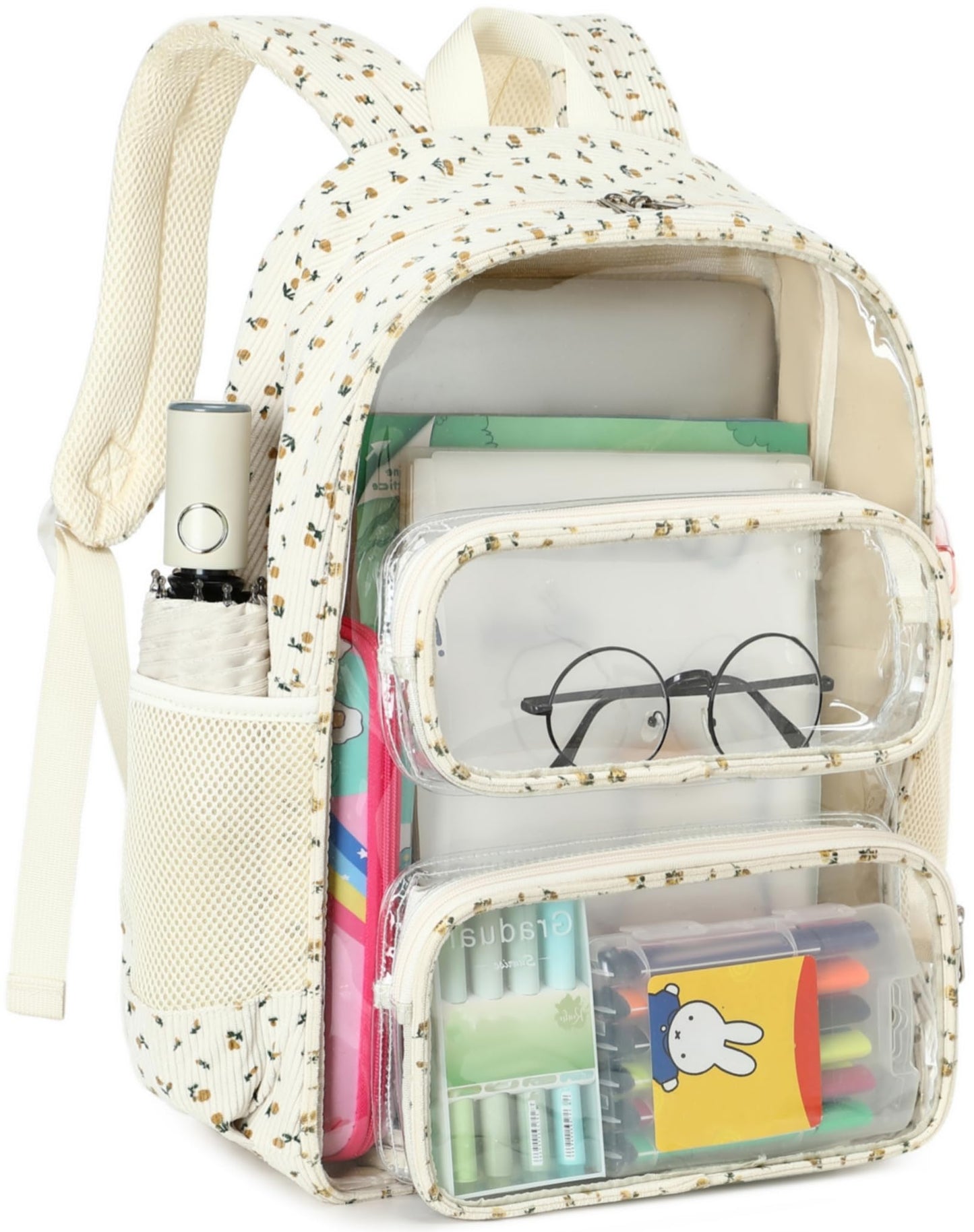 CAMTOP Clear Backpack Heavy Duty Transparent Bag See Through BookBag for Student School Work Festival Sport Travel (Beige Yellow Flowers)