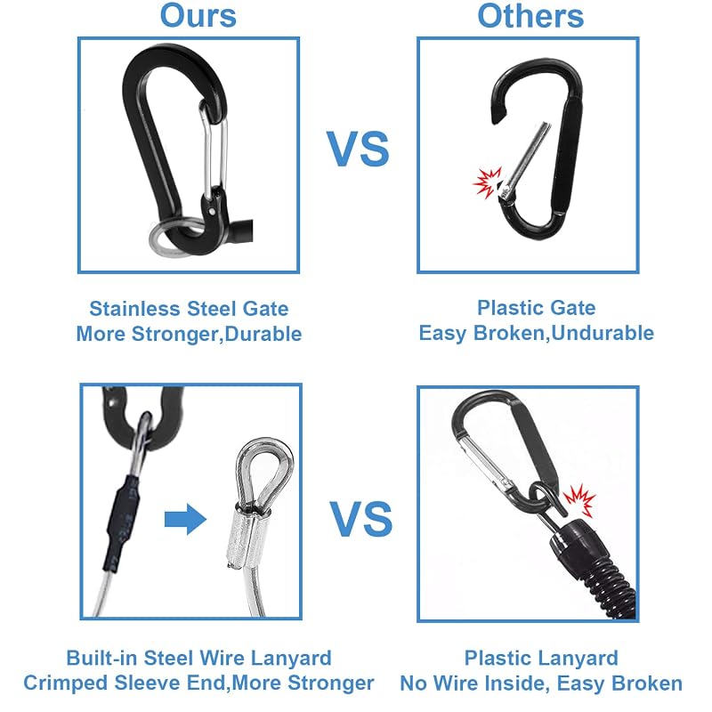 Retractable Coiled Lanyards with Carabiner Clips - 45cm, 98in Stretch, 15lb Safe Tension, Black Long Rotatable