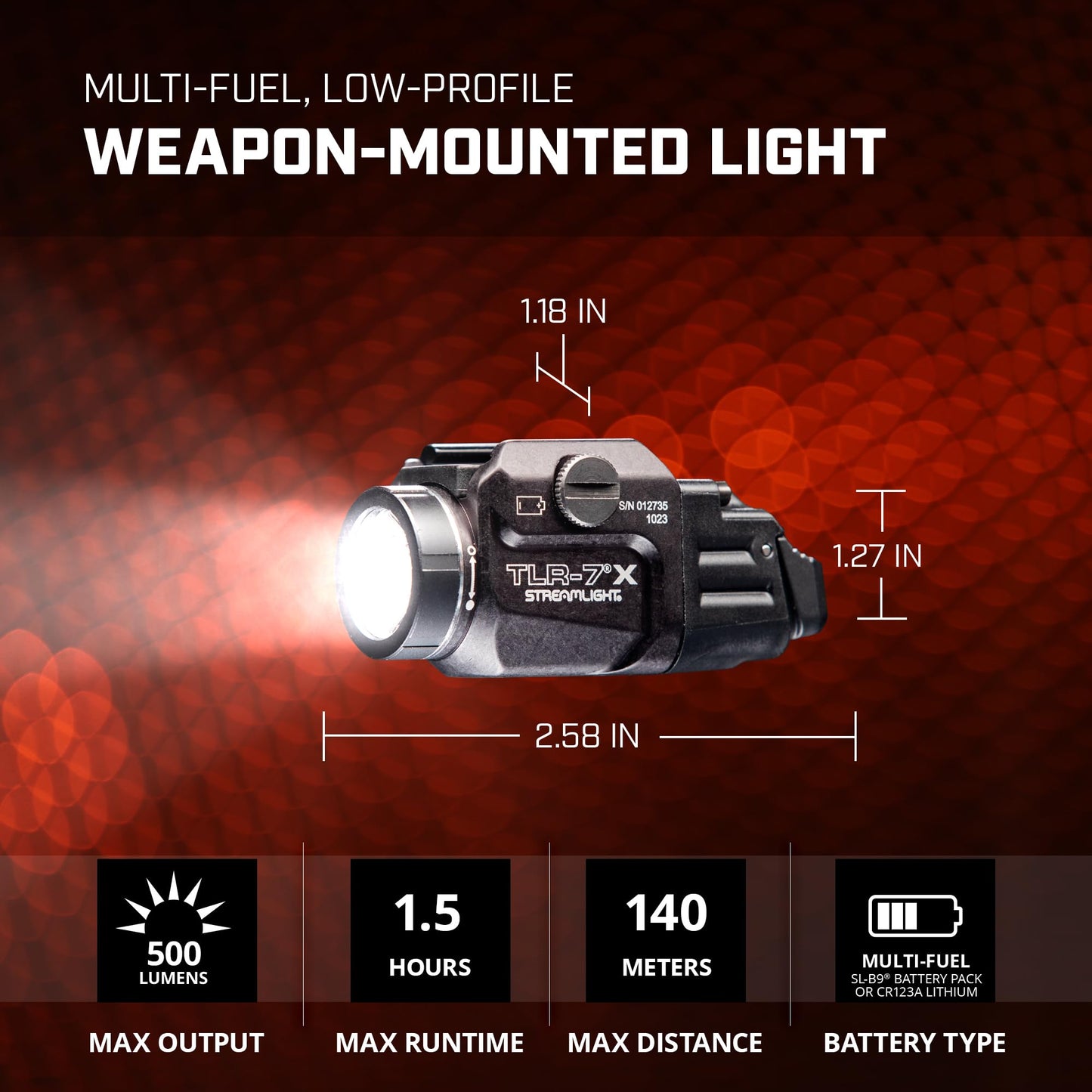 Streamlight 69424 TLR-7 X 500-Lumen Compact Tactical Weapon Light, Includes High, Low Paddle Switches and Key Kit, Black