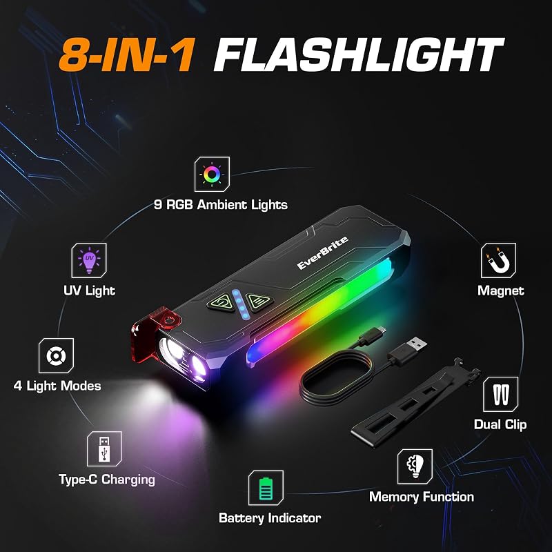 EverBrite Flat Rechargeable EDC Flashlight with RGB UV Light - Black