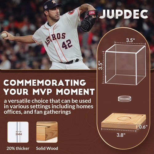 JupDec Baseball Display Case, Clear Cube Baseball Holder with Wooden Base, Autograph Baseball Stand Box for Single Ball, Pine Wood, 1 Pack