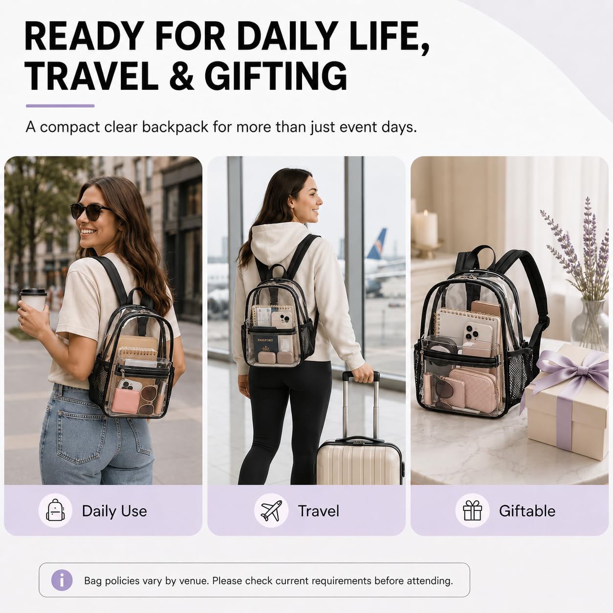 BTOOP Mini Clear Backpack for Stadium Events, 12 x 9 x 5 Inch Transparent PVC Bookbag, Fits Within Common 12x12x6 Stadium Bag Limits, for Concerts, Festivals, Women and Teens
