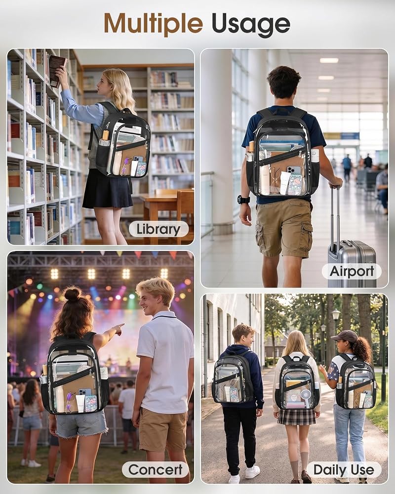 XL Black Clear Backpack - Heavy Duty PVC Bookbag with Reinforced Straps (Xl-black+X-Large)