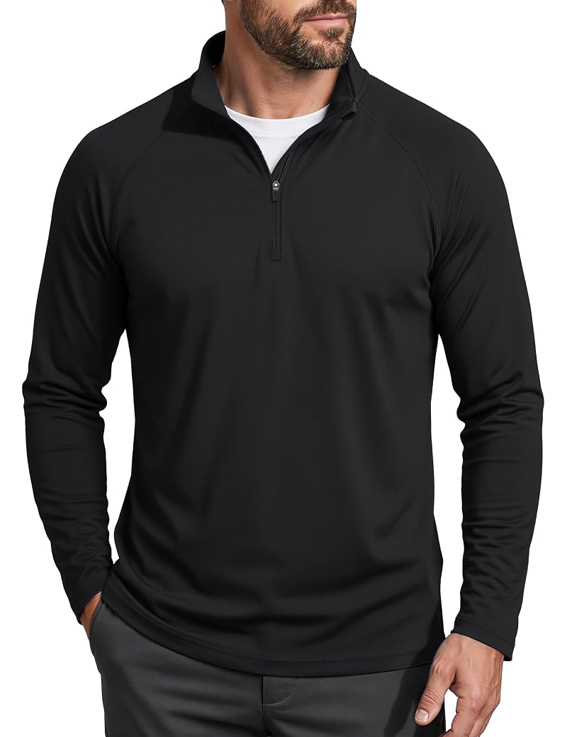 MAGCOMSEN Men's UPF 50+ Long Sleeve 1/4 Zip Rash Guard Shirt - Black, Small