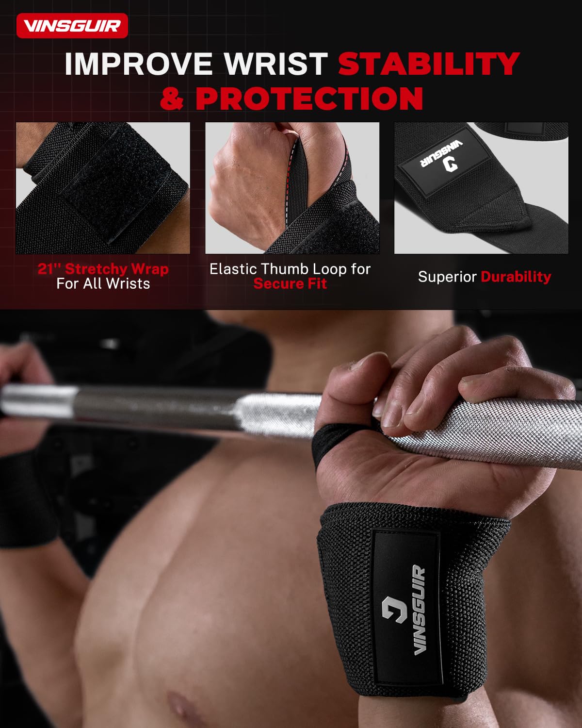 VINSGUIR Wrist Wraps for Weightlifting, [USPA Approved] Lifting Straps for Wrist Support with Heavy Duty Thumb Loop, Gym Wrist Brace for Working Out, Crossfit, Powerlifting, for Men&Women