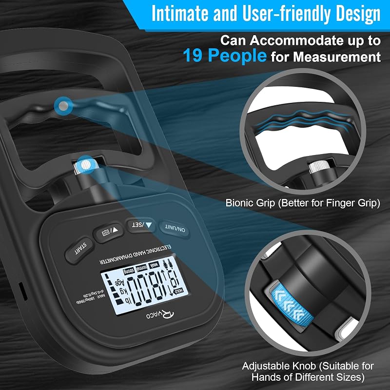 Ryaco Grip Strength Tester with Rings - Black Variant, 396lb/180kg LCD Hand Dynamometer