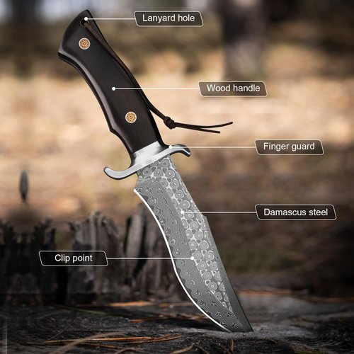 SPITZKANTE Damascus Hunting Knife P-S, 11.26" Damascus Fixed Blade Bowie Knife with Leather Sheath, Outdoor Survival Camping Hiking