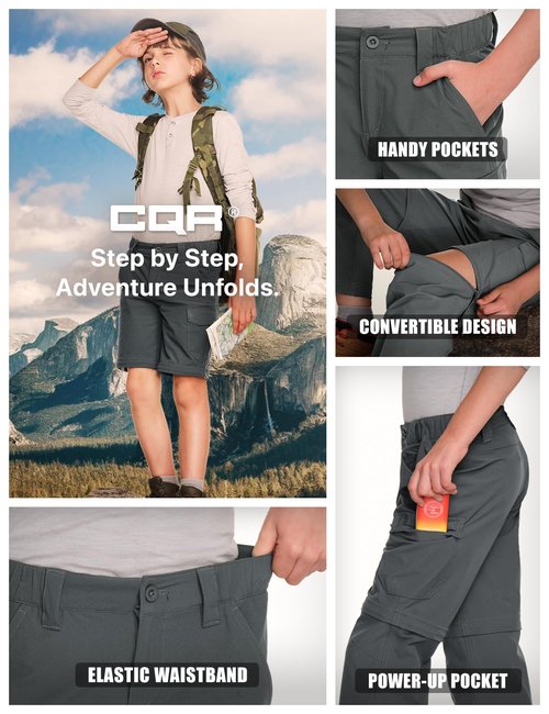 CQR Kids Youth Hiking Cargo Pants, UPF 50+ Quick Dry Convertible Zip Off Pants, Outdoor Camping Pants, Shenandoah Carbon Grey, Large