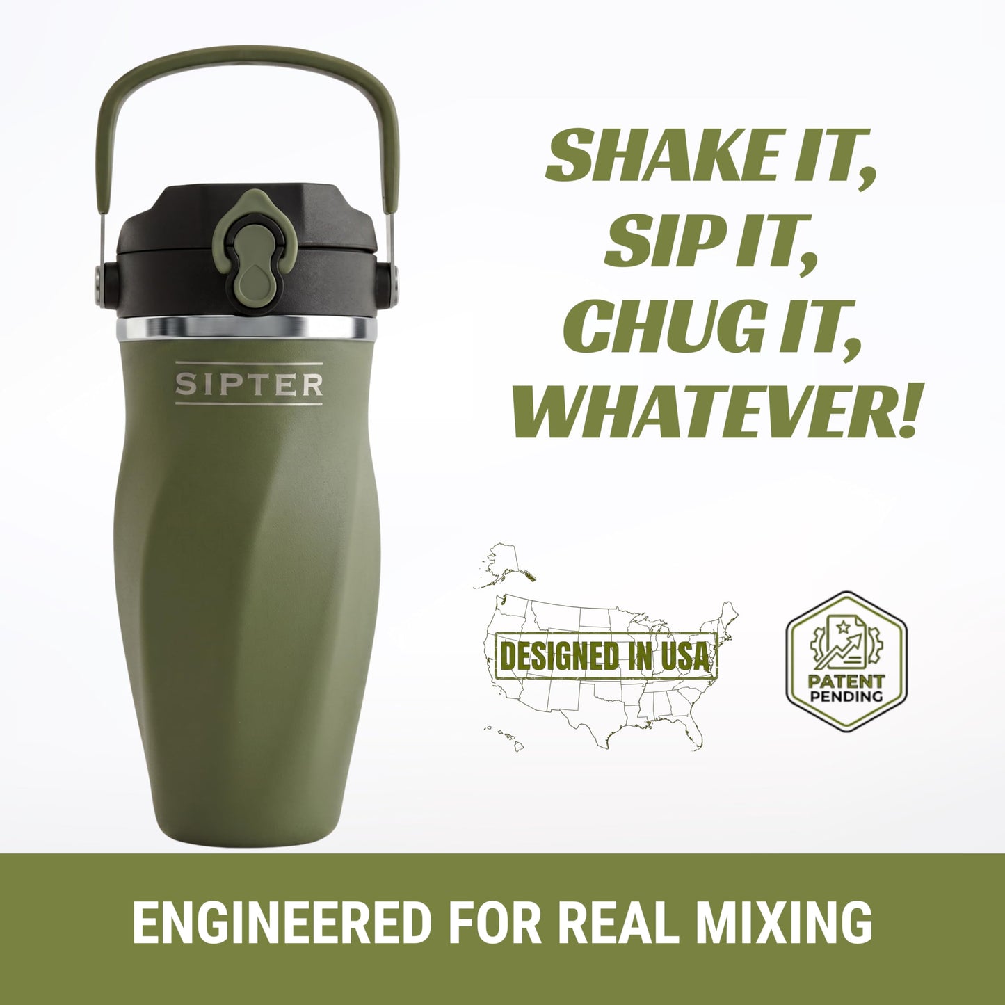Sipter Best Shaker Bottle for Protein Mixes – Double Wall Stainless Steel, For Shakes, Water, Smoothies, Cocktails Leak-Proof, 26oz, Copper-Insulated Blender Cup, BPA-Free No Mixing Tools (iron sage)
