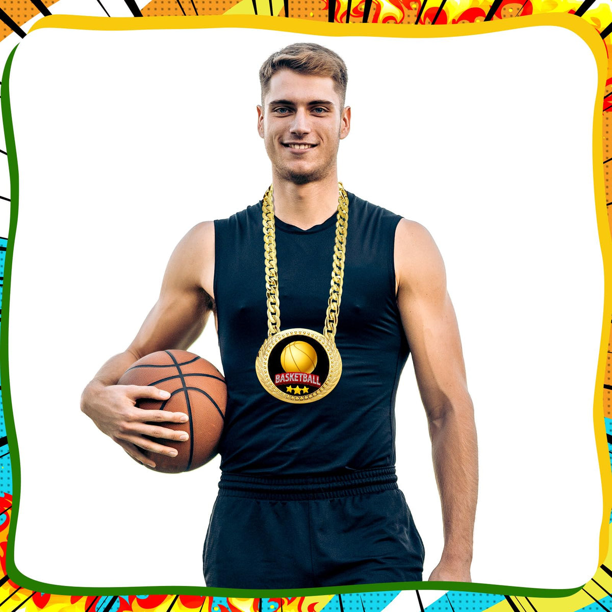 Tondiamo Sports MVP Turnover Chain Medal 6" Big Gold Champ Award Necklace Chain Baseball Basketball Football Soccer Softball Volleyball Sports Competitions Prize Gifts and Party Favors(Basketball)