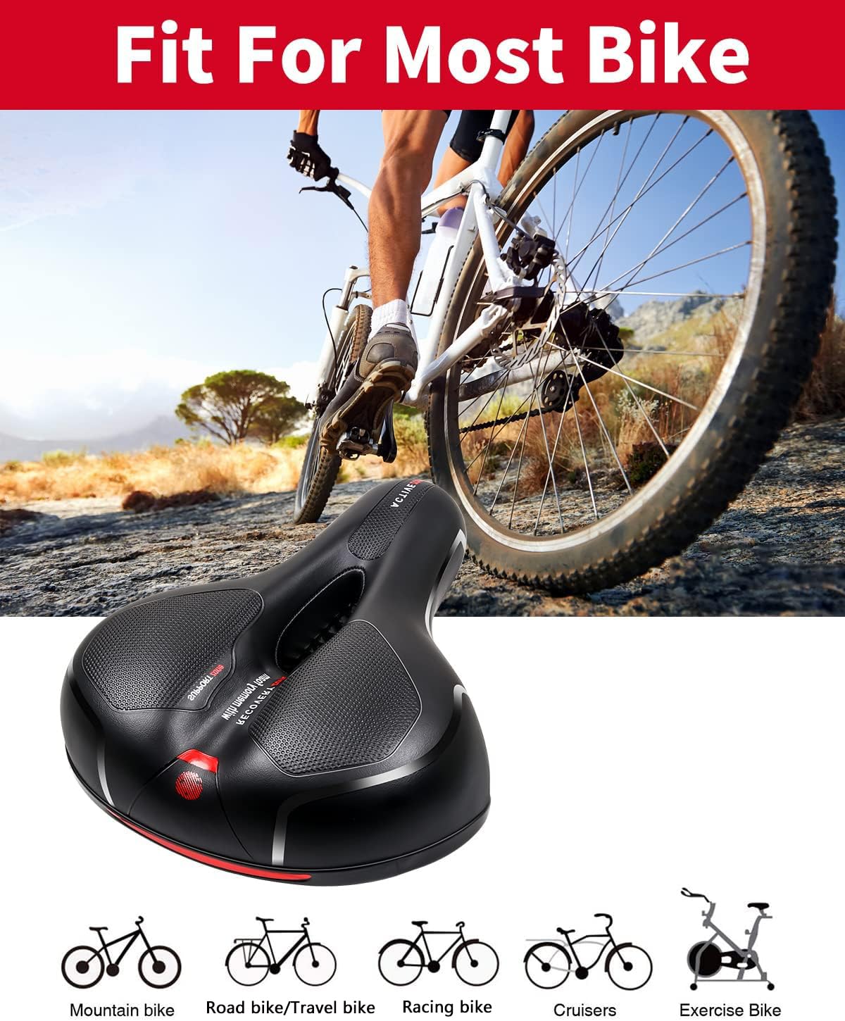MSDADA Comfortable Bike Seat Cushion - Soft Bicycle Seat for Women Men Memory Foam Padded Waterproof Wide Bike Saddle with Dual Shock Absorbing Rubber Balls Universal Fit for Indoor/Outdoor Bikes