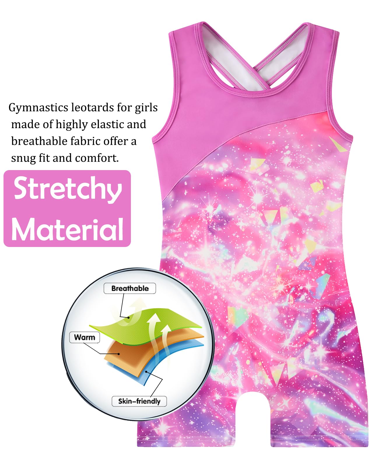 uideazone Pink Glaxy Leotards for Girls Gymnastics Criss-Cross Strap Dance Unitards Biketards One-Piece Athletic Tumbling Outfits Size 7 8