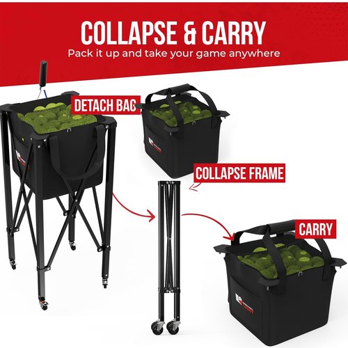 [2-in-1 Set] Tennis & Pickleball Hopper with Pickup Tube – Pickleball Caddy with Collapsible Metal Frame Ball Basket and Wheels & Carry Case – 120 Tennis Balls or 100 Pickleball Ball Holder
