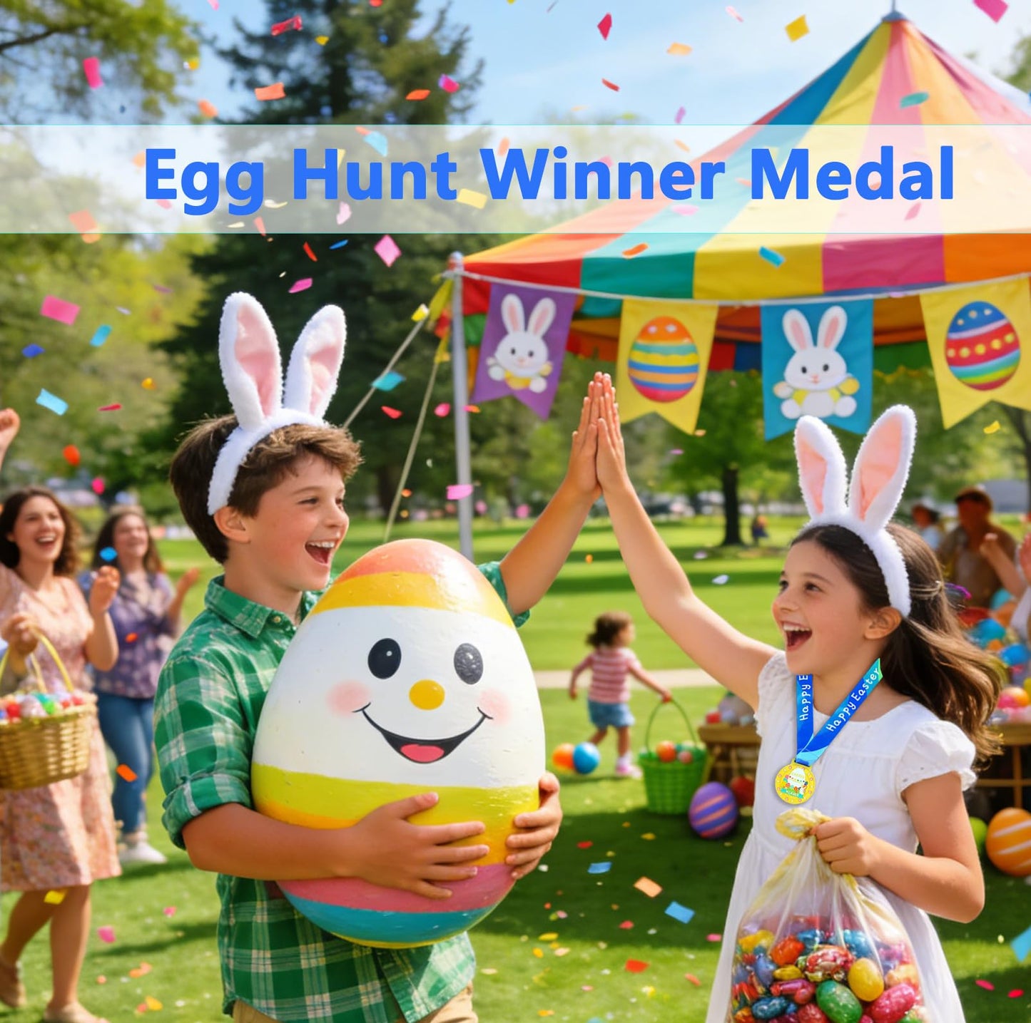 NyShineo Easter Medal for Egg Hunt Winner Awards, 2.56 Inch Metal Medals Reward Badges with Neck Ribbons, Treasure Hunt Champion Prizes, Party Favors Perfect for Easter Games Competitions