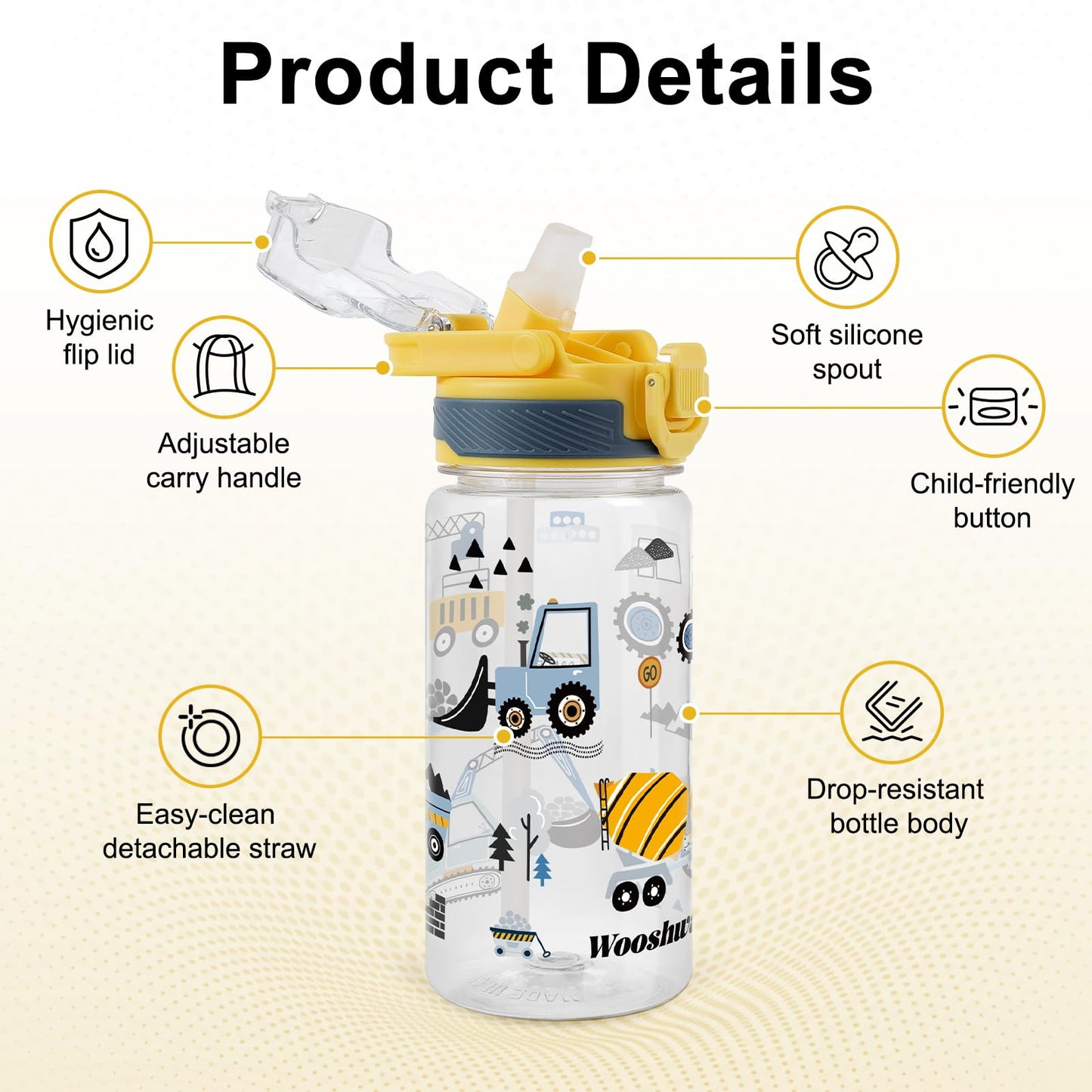 wooshwa Kids Water Bottle for School, 16 Oz Plastic Water Bottle with Silicone Spout and Pop-Up Cover, BPA Free & Dishwasher Safe (Dinosaur/Spacecraft)