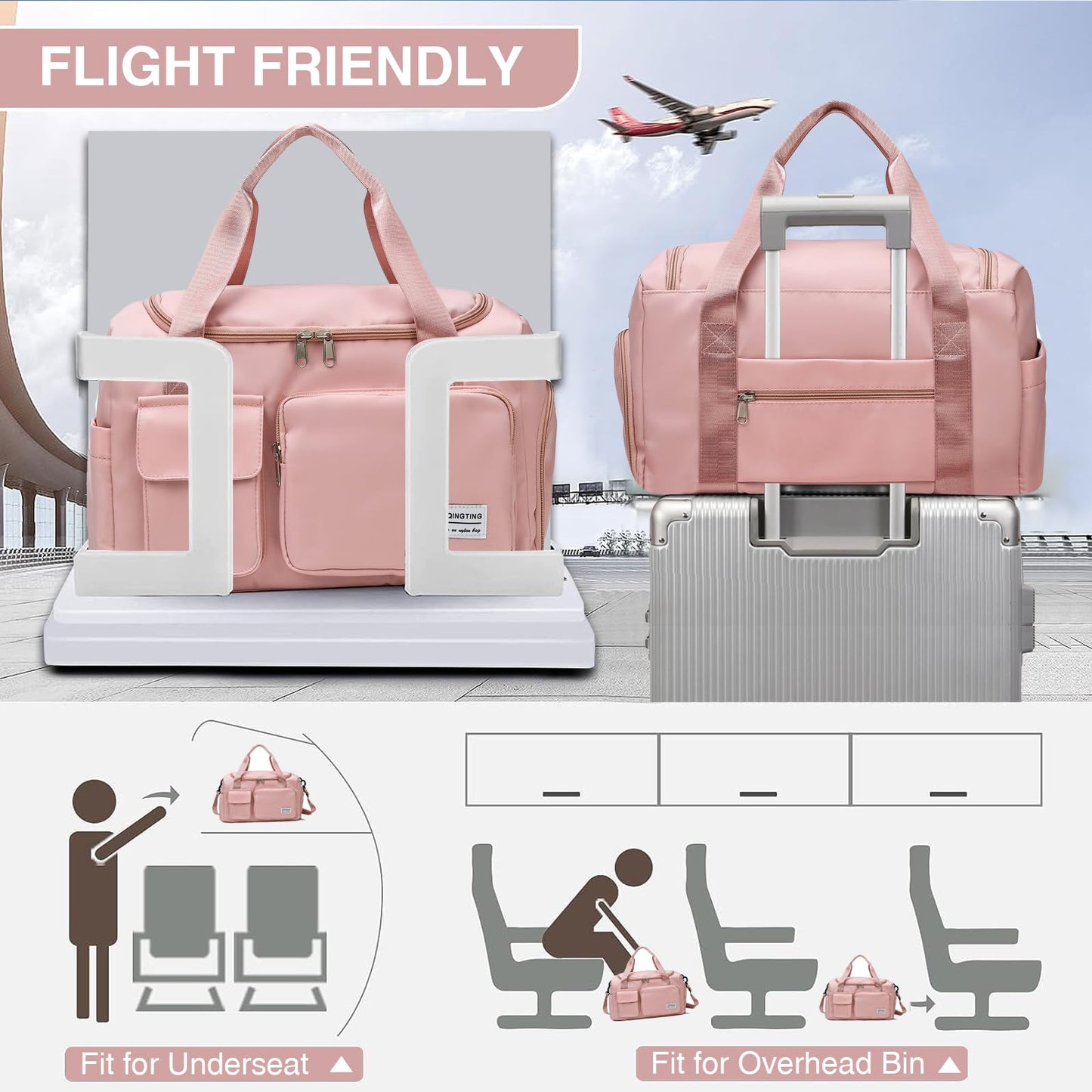 Pink Gym Bag for Women, Waterproof Travel Duffle Bag Carry On Weekender Bag with Shoe Compartment & Wet Pocket, Gym Tote Bag for Travel, Workout, Sport