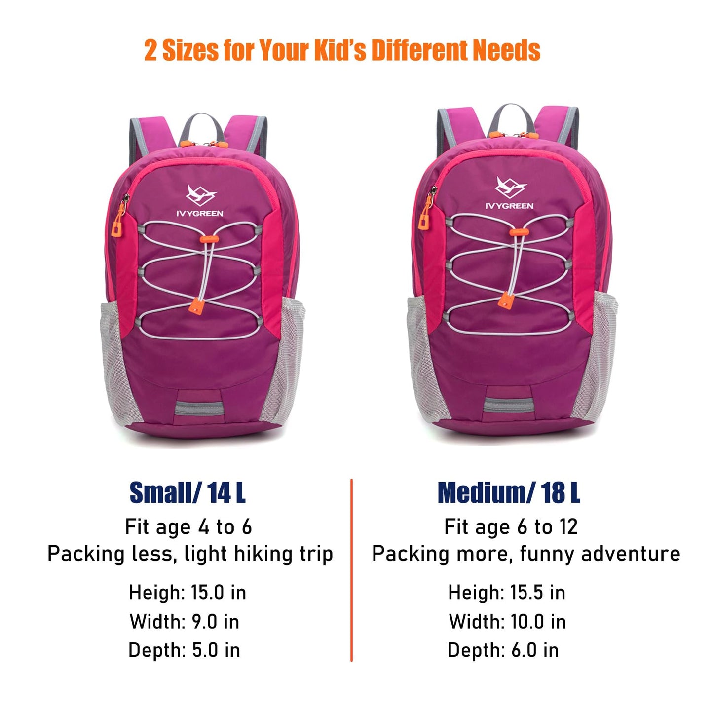 IVYGREEN Little Kids Hiking Backpack for Boys or Girls, Small Daypack for Camping or Travel (Purple, Medium)