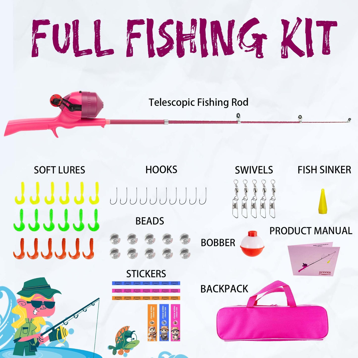 WIDDEN Kids Fishing Pole, Telescopic Fishing Rod, Toddler Collapsible Fishing Rod and Reel Combo with Tackle Box, Fishing Line, Bobber, and Soft Lures for Boy, Girl, Youth, Beginner, Over 3 Years Old