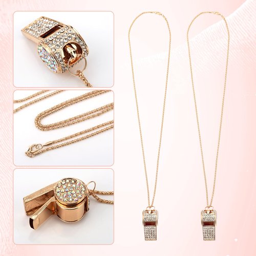 Tinoaly 2pcs Bling Whistle Crystal Rhinestone Necklace, Metal Golden Bling Loud Crisp Sound Whistle with Chain Lanyard for Referee Coach Teacher Sports Training