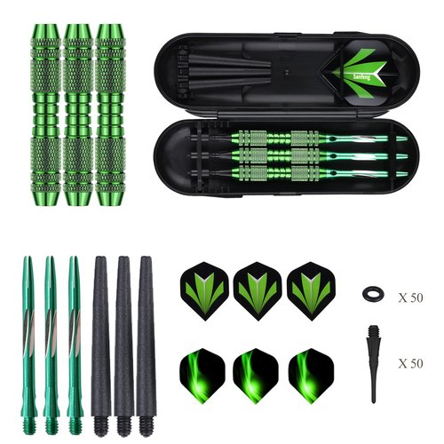 Soft Tip Darts Set – 20g Brass Barrels, Plastic Tips, Green Aluminum Shafts, 6 Flights, 50 O-Rings & 50 Extra Tips – for Electronic Dartboard