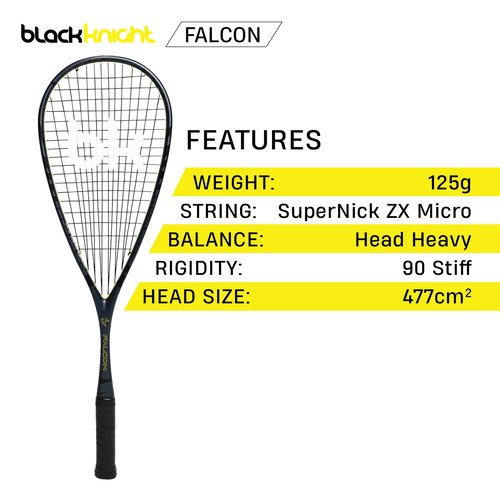 Black Knight Falcon Squash Racket - Head Heavy Balance, Teardrop Frame, 125g Lightweight, Durable with a Graphite Frame, Ideal for Professional Players