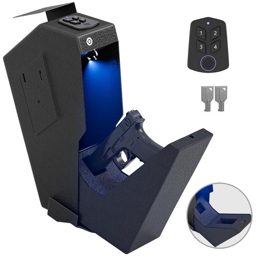 Biometric Pistol Safe LED Light,Quick Access Security Safe with Fingerprint 6-button Backlit Keypad,Auto Open Hidden Hand GunSafe for Bedside Home Nightstand Vehicle Desk (1 GUN)