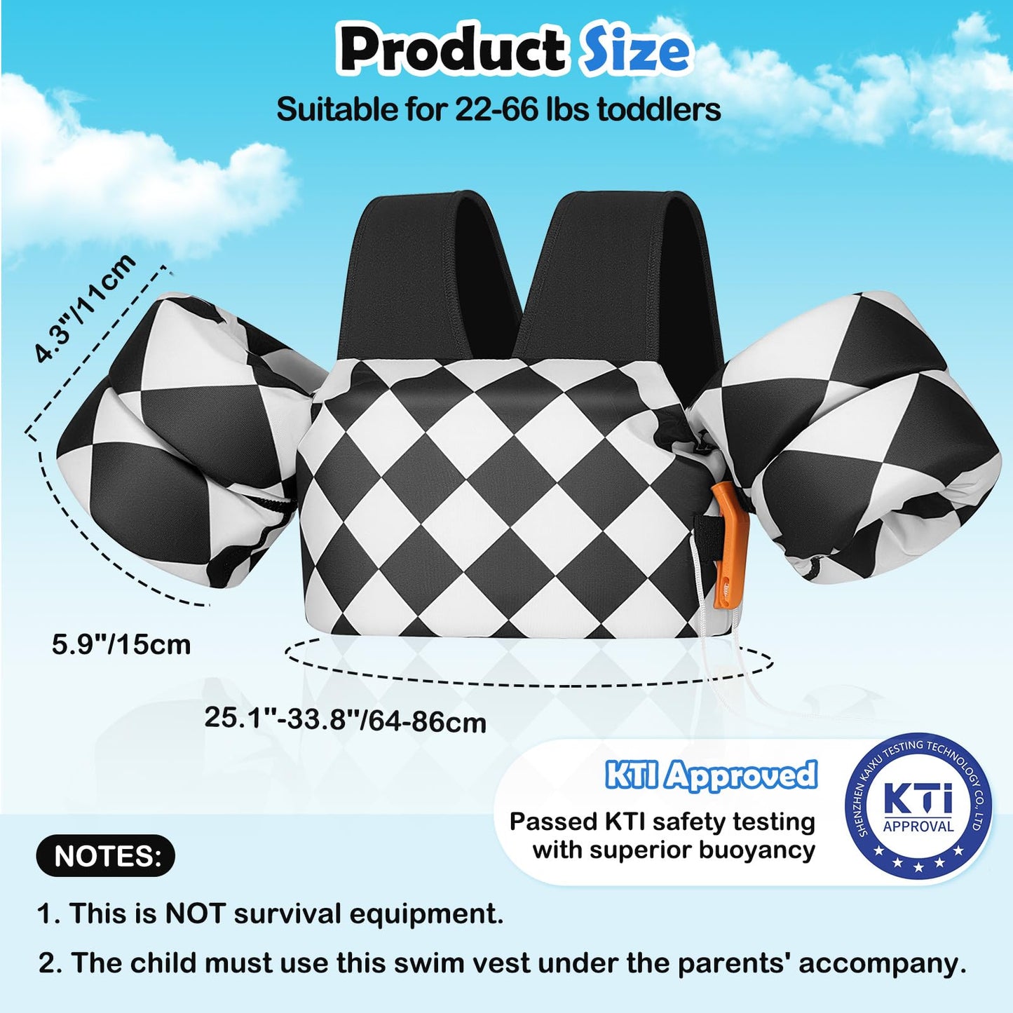 MoKo Toddler Swim Vest for Kids, Swim Arm Floaties 22-66lbs Cartoon Swimming Water Wings Pool Float Vests Sleeves Shoulder Straps Arm Band for Children Learn to Swim, Black Rhombus
