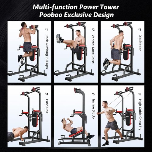 Pooboo Power Tower Dip Station Pull-Up Bar, Adjustable Multi-Function Fitness Equipment for Home Gym Strength Training, Full-Body Workouts, Vertical Knee Raises, Dips and Pull-Ups