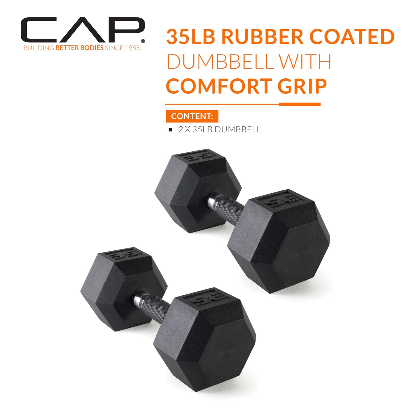 CAP 35 LB Rubber Coated Hex Dumbbell Weight, Rubber Free Weights for Home Gym Strength Training, Comfort Grip Handle, Pair