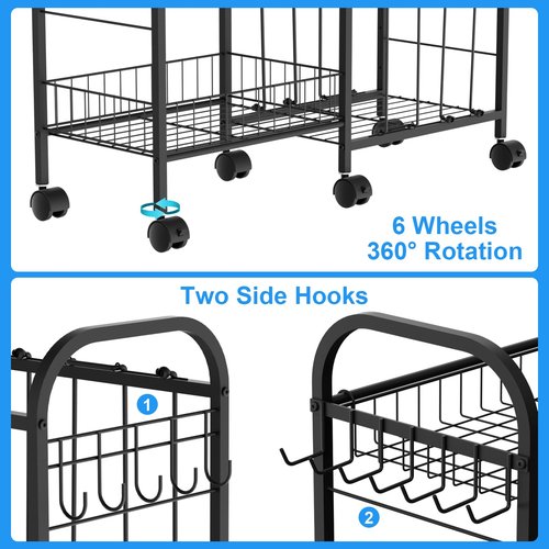 NEYCIL Ball Storage Rack, Sports Ball Storage Cart with 6 Wheels, Elastic Strap, Removable Basket, Hooks, Sports Equipment Organizer For Garage, Children's Room, Court, School, Small Gym, Outdoor