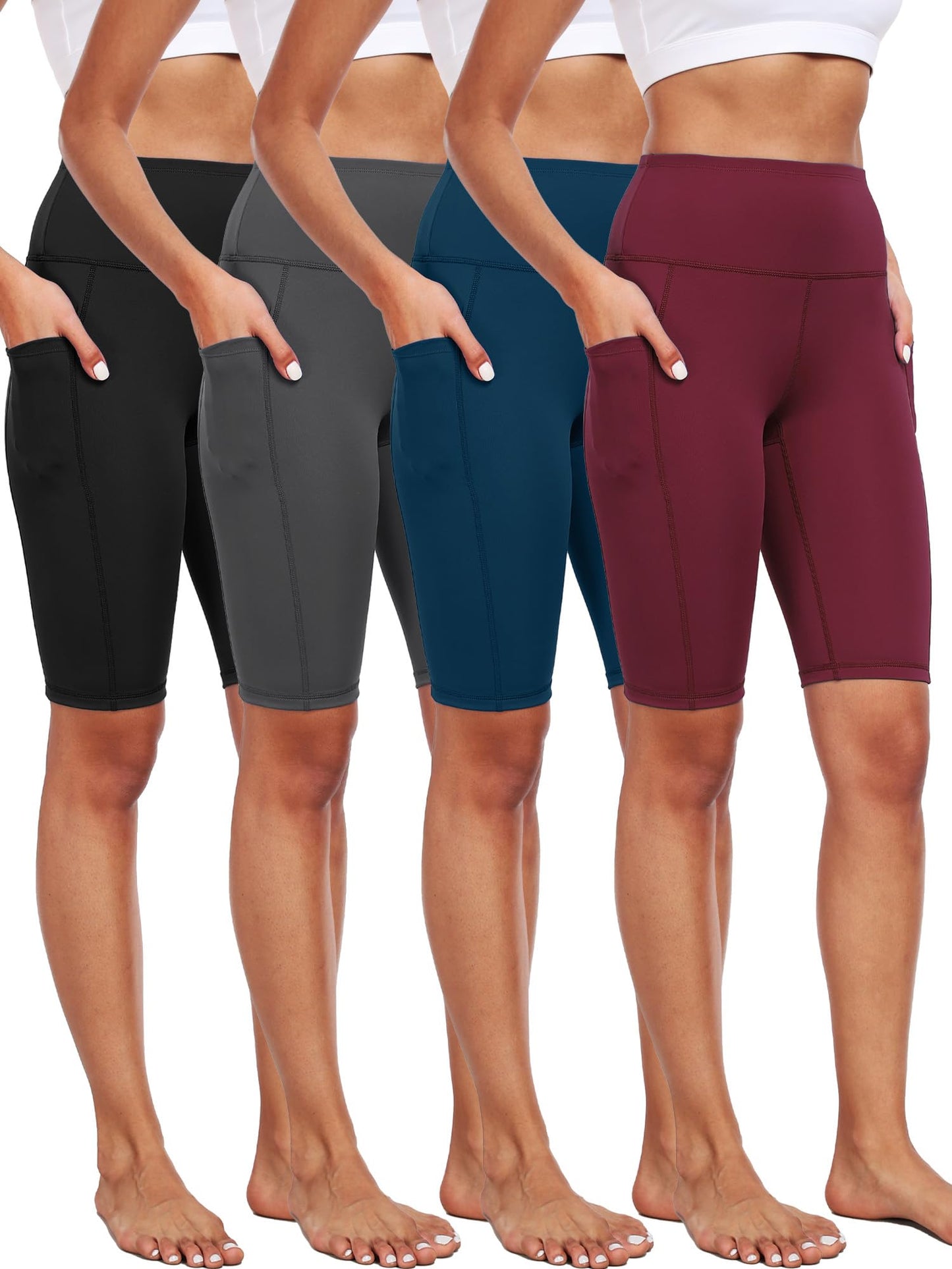 CADMUS Women Biker Shorts Athletic Compression for Yoga Workout with Big Pockets,4 Pack,1026,Black+Grey+Navy Blue+Wine Red,Small