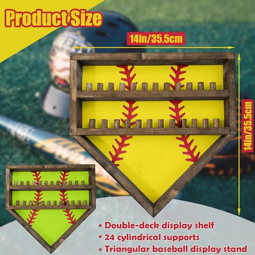 Baseball Championship Ring Display Case, Softball Football Basketball Ring Holder Wood, 24 Ring Posts, Sports Medal Wall Mount Display Box for Men Boy (Bright Green)