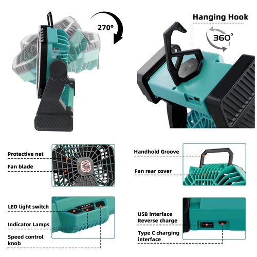 Roykaw Portable Fan for Travel, 10400 mAh Rechargeable Camping Fan, Cordless Battery Powered Fan with Led Light, with Handle, Hang Hook, Fishing, Green