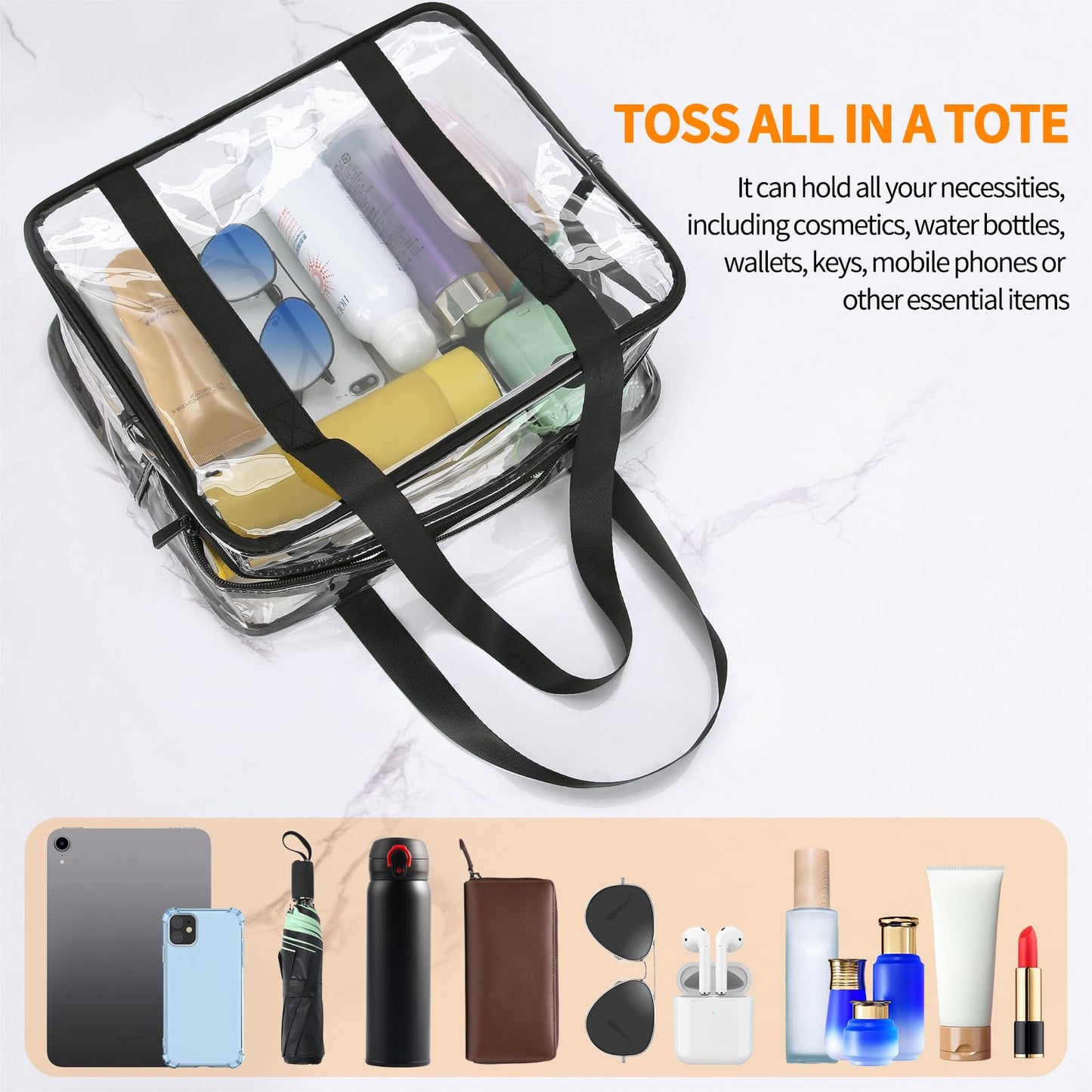 HAOGUAGUA Extra Large Clear Cosmetic Makeup Bag, Transparent PVC Tote Shoulder Bag Stadium Approved, Waterproof Clear Toiletry Carry Pouch Makeup Artist Bag Diaper Bag (Black)