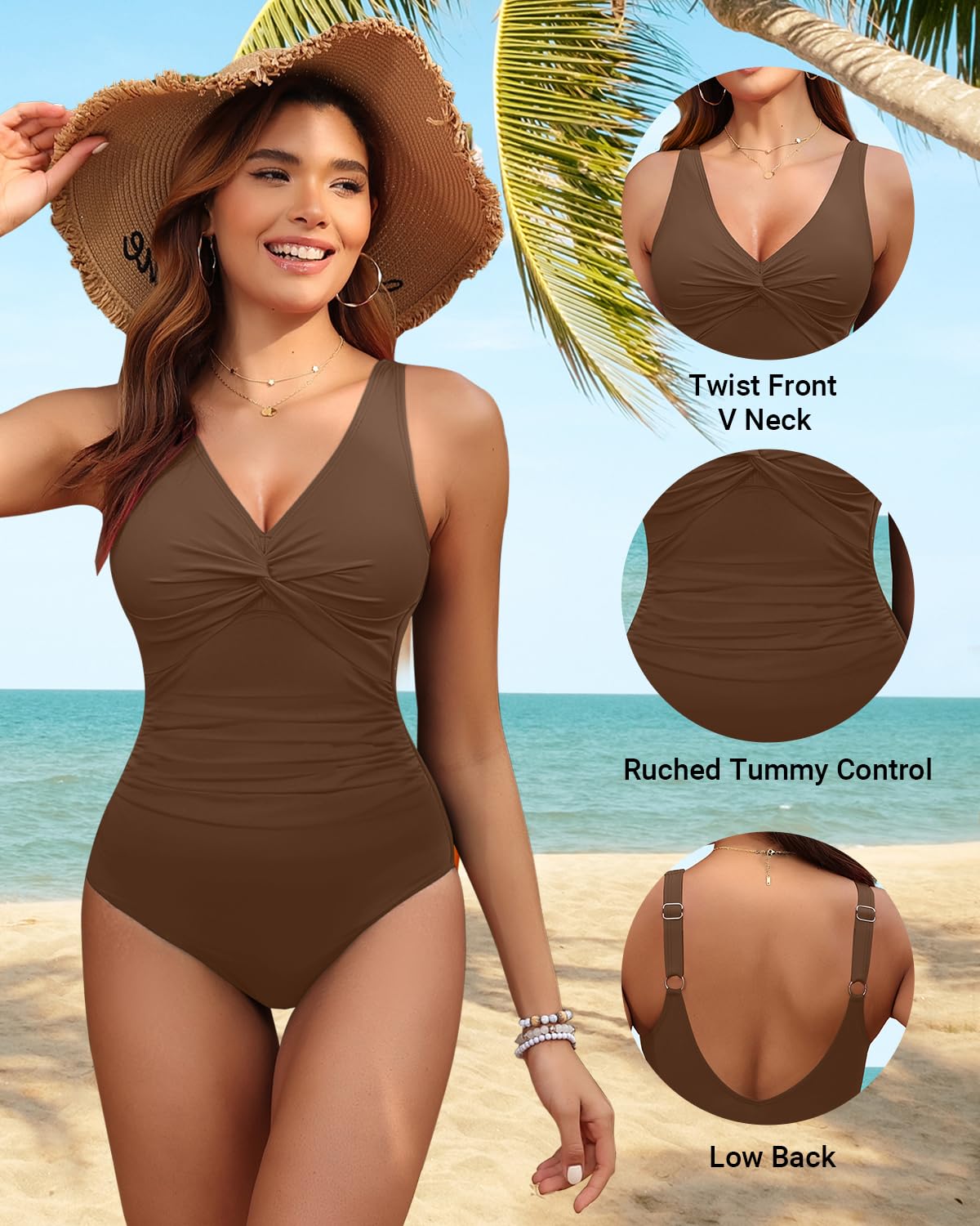 Holipick Brown Women Tummy Control One Piece Swimsuit - Push Up Bathing Suit Full Coverage Slimming Swimwear M