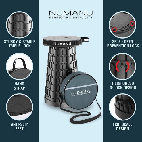 NUMANU 2025 Upgraded Collapsible Stool & 3IN1 Cushioned Carry Bag, Adjustable Height Folding Stool, Telescopic Camping Chair Retractable Seat or Footrest for Outdoors & Travel, Max 620lbs