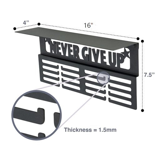 AGATHOS HOME Medal Hanger Display with Trophy Shelf - Metal Awards Rack for Walls Holds 64+ Sports Medals- Never Give Up 16" Medal Holder 4 Rows of Hanger Space and Deep 4" Shelf