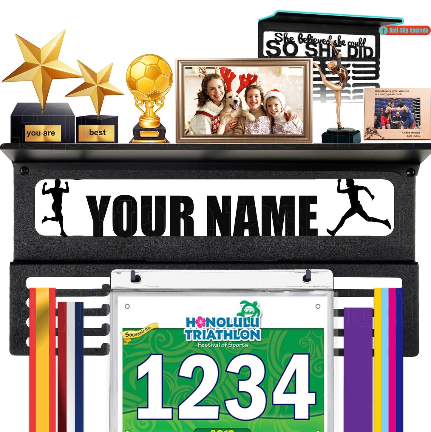 Lapetale Fashion Personalized Medal Holder with Name Display Rack for Awards Ribbons - Metal Custom Sports Race Plaques Hanger for Wall Mount Hold Up 60 Medal Hanger Display for Athlete Boy Girl Kid